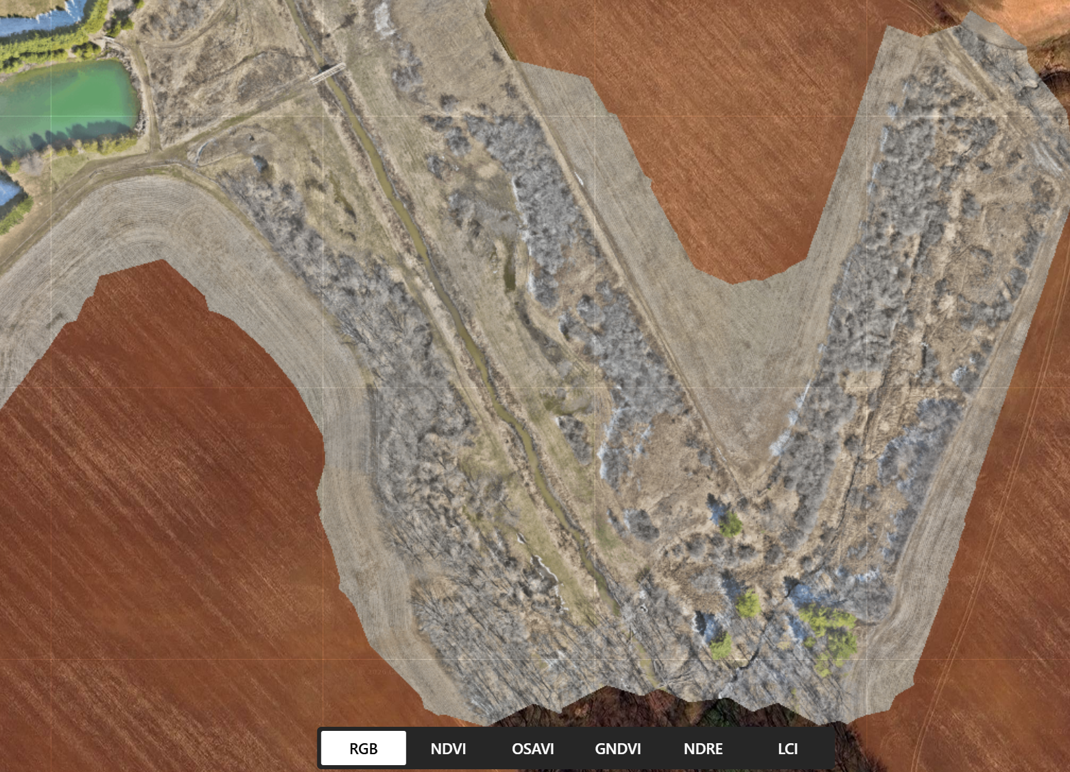 RGB aerial orthomosaic captured by the Mavic 3M showing the pasture, pond, treeline, and surrounding cropland
