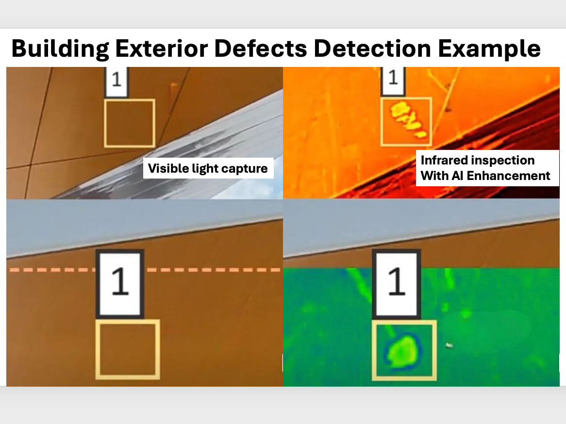 Building exterior defect detection — visible vs infrared inspection with AI enhancement on a building facade