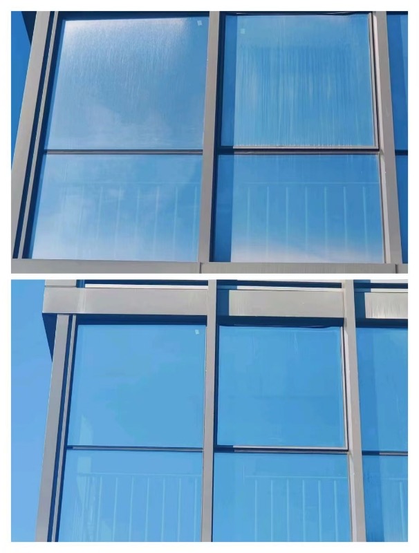 Before and after comparison of drone cleaning on building exterior