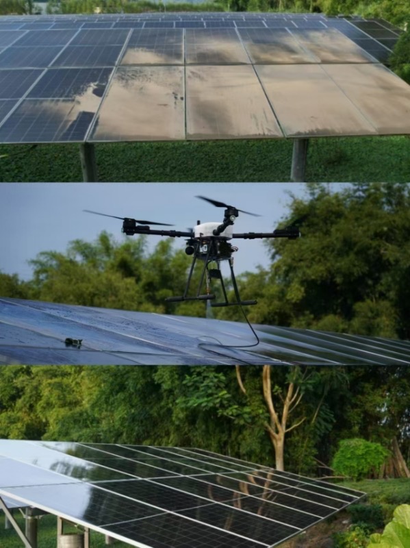 Drone cleaning solar panels on rooftop