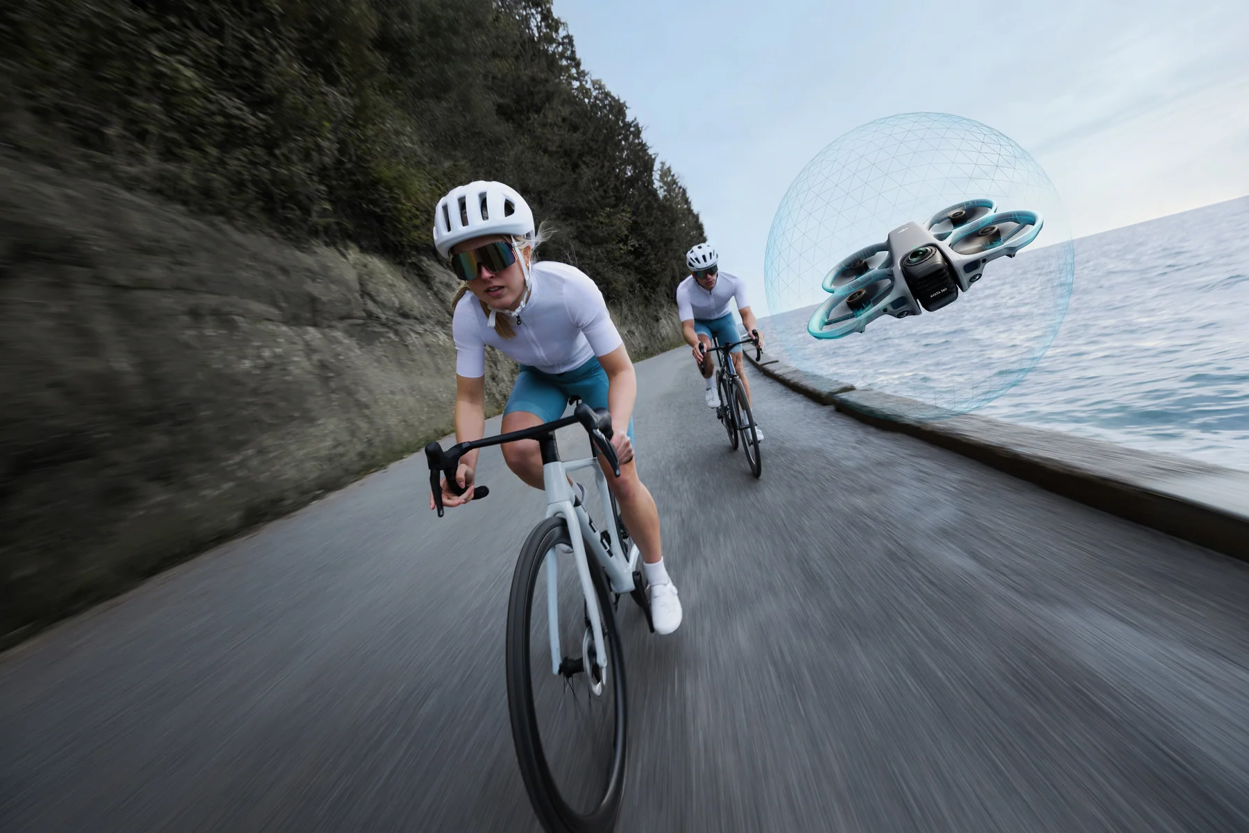 DJI Avata 360 following a cyclist with obstacle sensing active