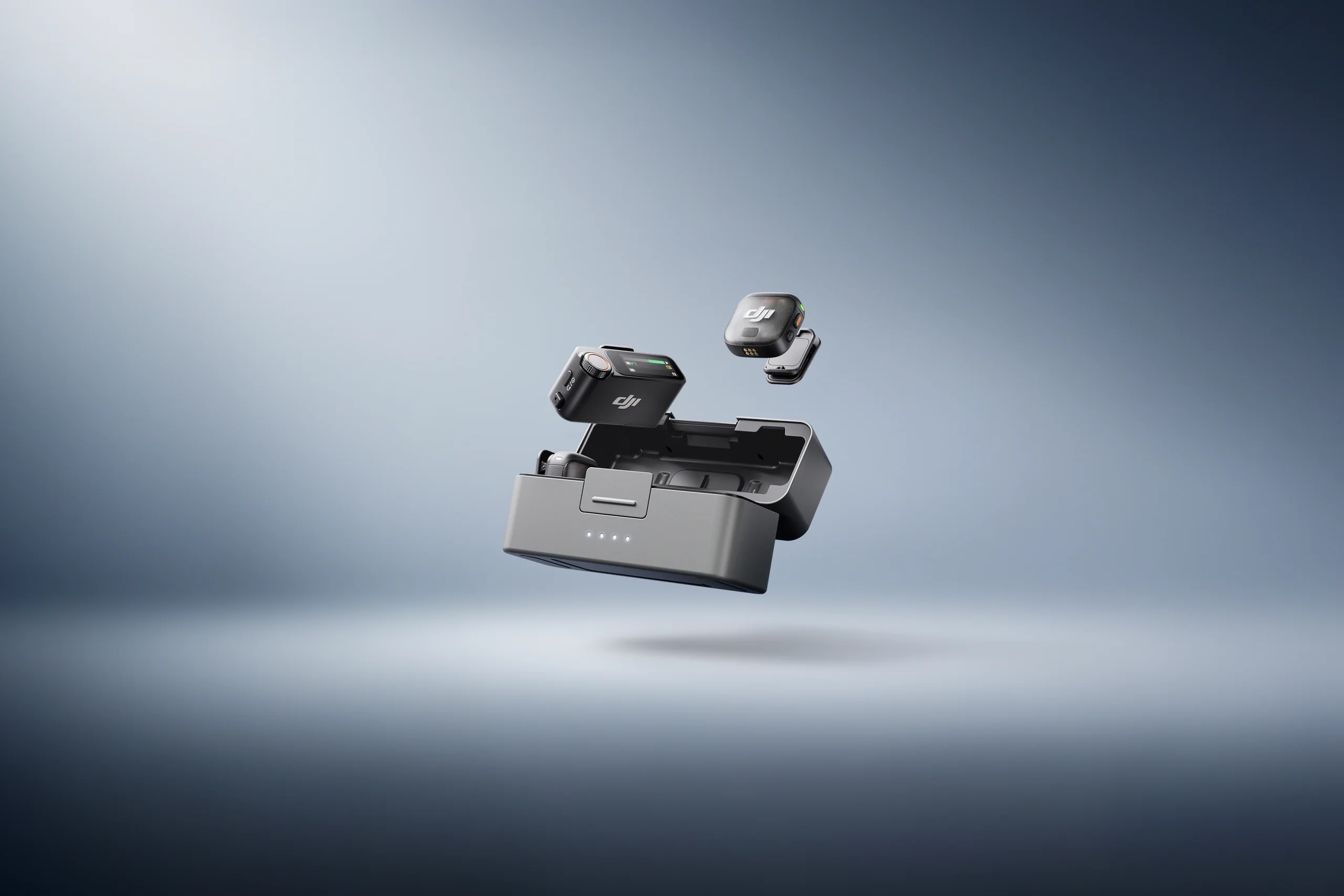 DJI Mic 3 transmitter, receiver, and charging case