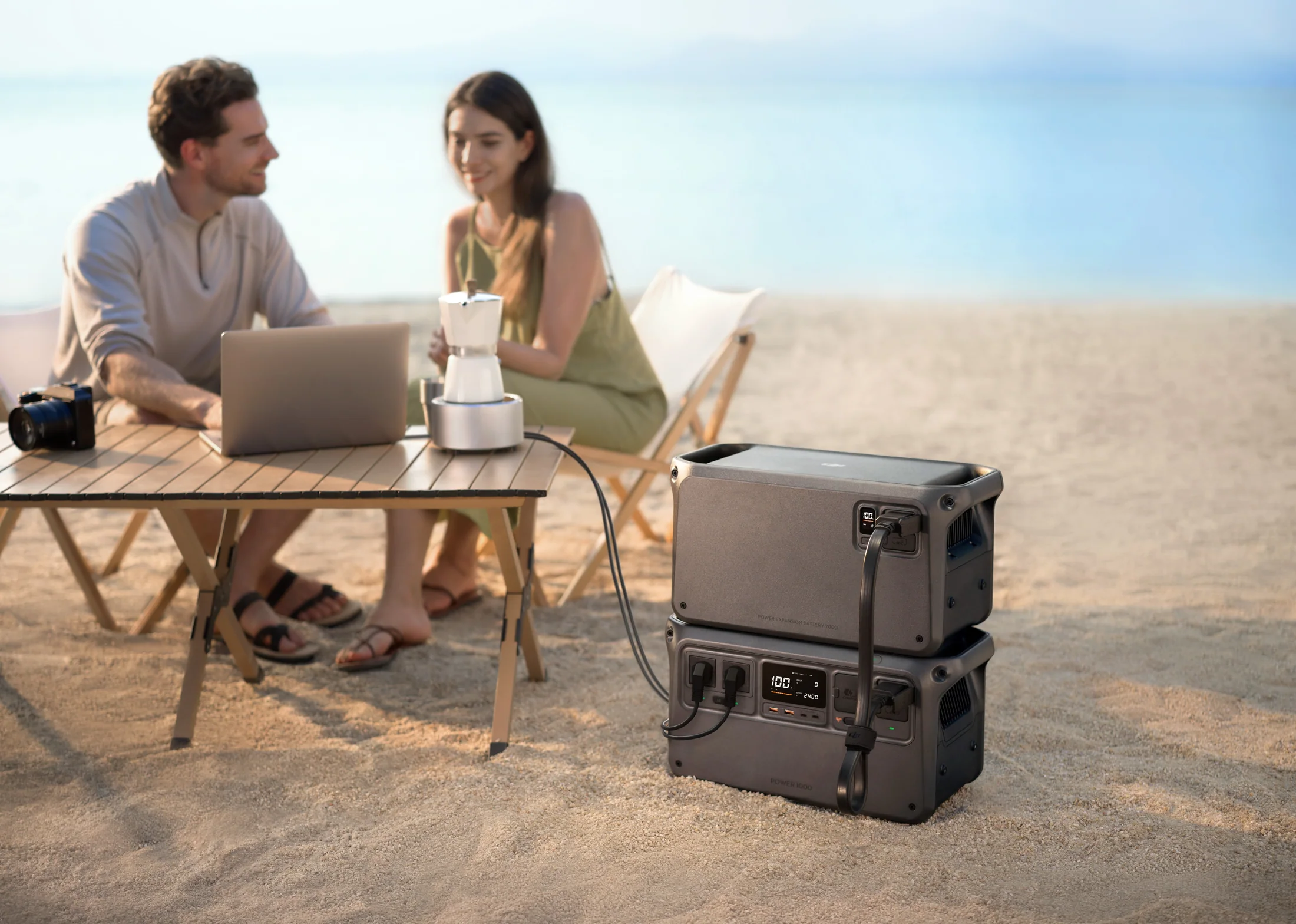DJI Power station and expansion batteries arranged as a portable system