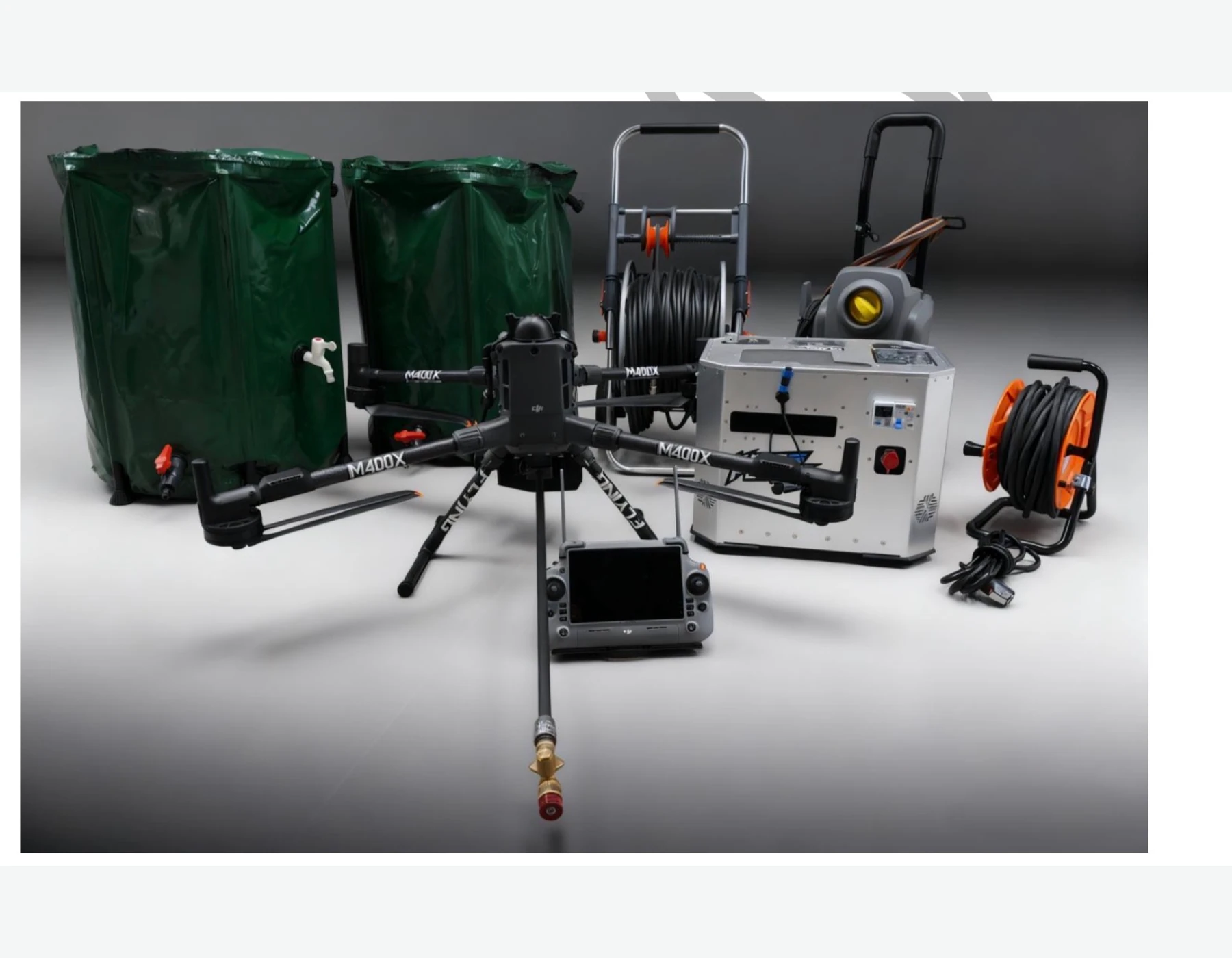 Complete drone cleaning system with HoverWash Rig 13, hose equipment and aircraft
