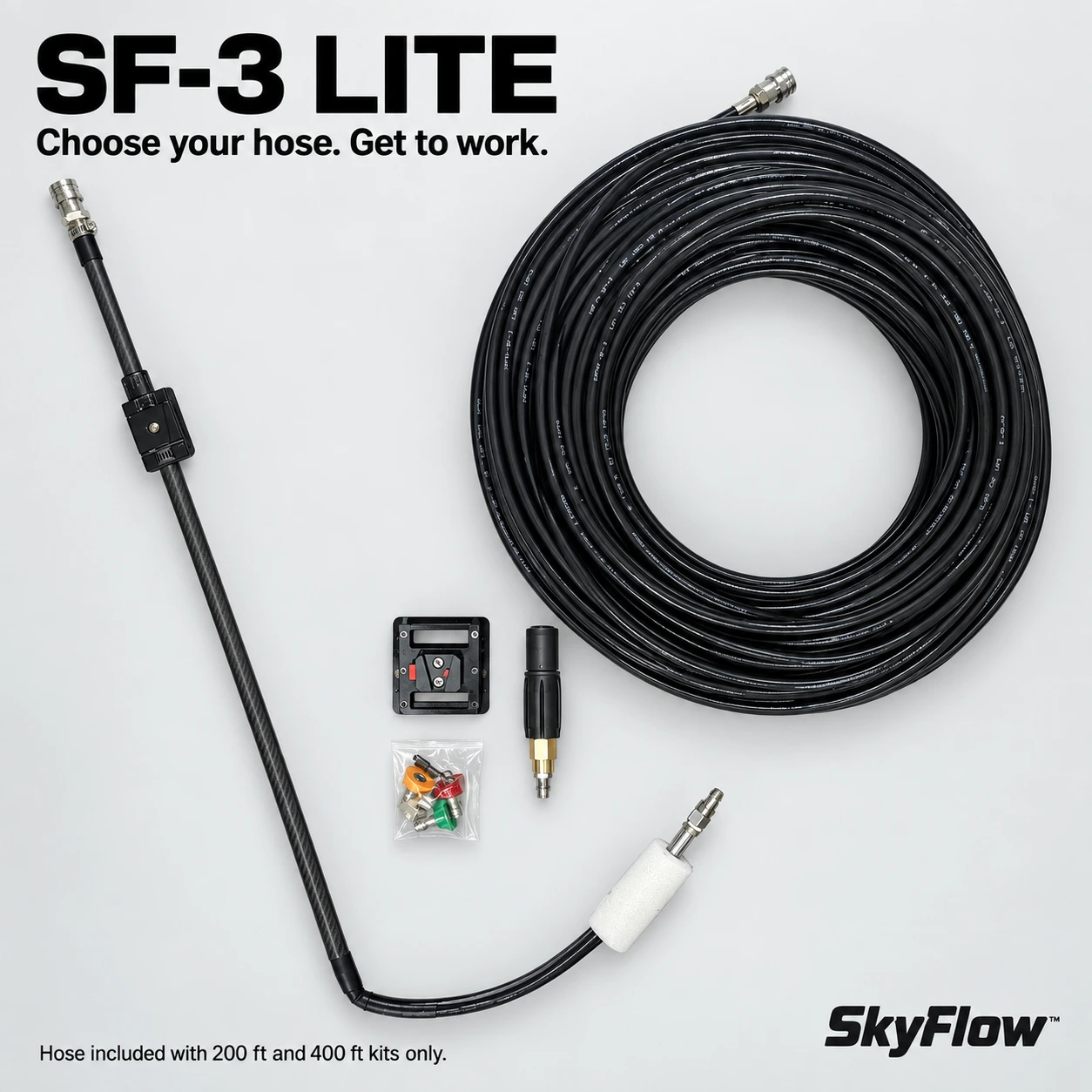 SF-3 Lite rod, nozzles and optional pressure hose; hose included in hose kits only