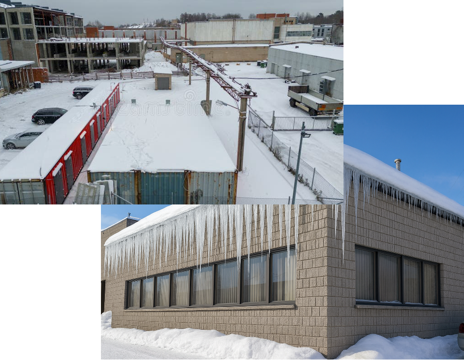 Snow and ice risk on rooftops — rooftops and eaves with snow load and icicles illustrating winter risk scenarios