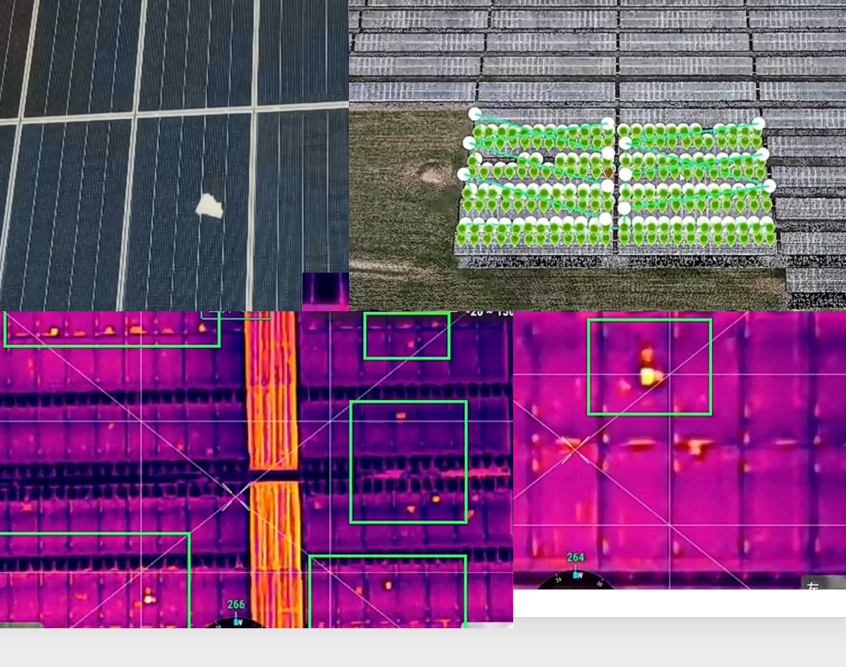 Solar thermal anomaly detection — modules with thermal overlays and bounding boxes highlighting hotspots and anomalies