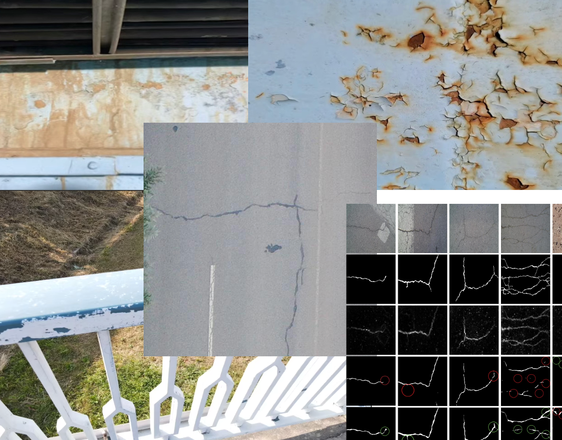 Structural cracks and corrosion — AI-detected defect overlays on bridges and infrastructure