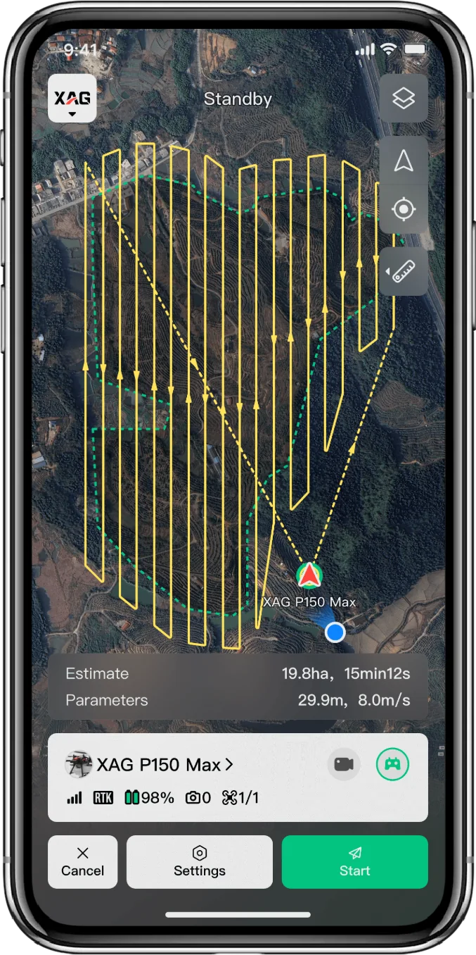 49.4 ac (20 ha) in one flight