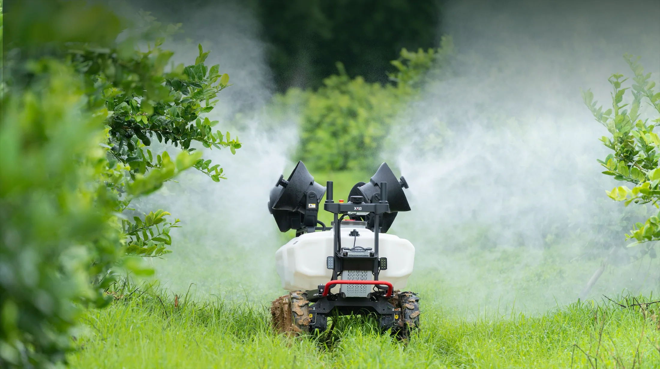 XAG R200 spraying in an orchard row