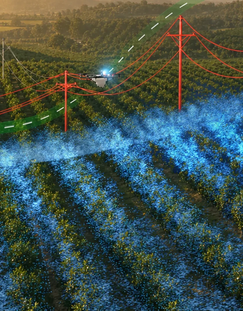 AR view of power lines and a safe flight path over an orchard